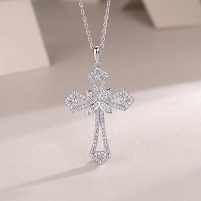 Gothic Cross Pendant Sterling Silver Clavicle Chain Necklace