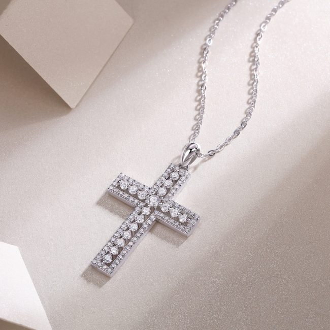 Diamond Cross Pendant Sterling Silver Necklace for Women
