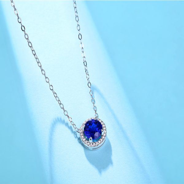 Sterling Silver Classic Round Blue Sapphire Pendant Necklace - Image 4