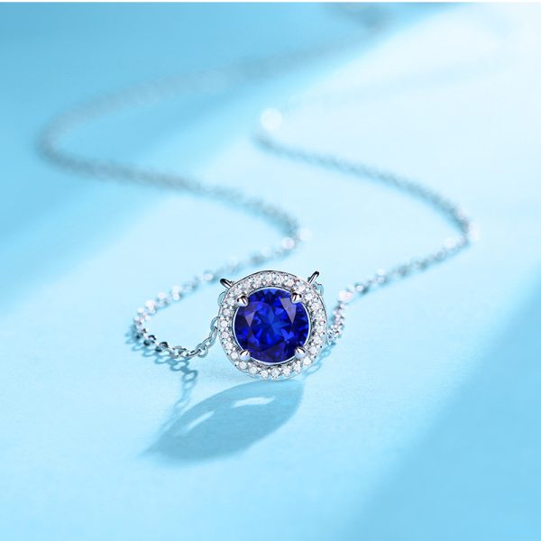Sterling Silver Classic Round Blue Sapphire Pendant Necklace - Image 3