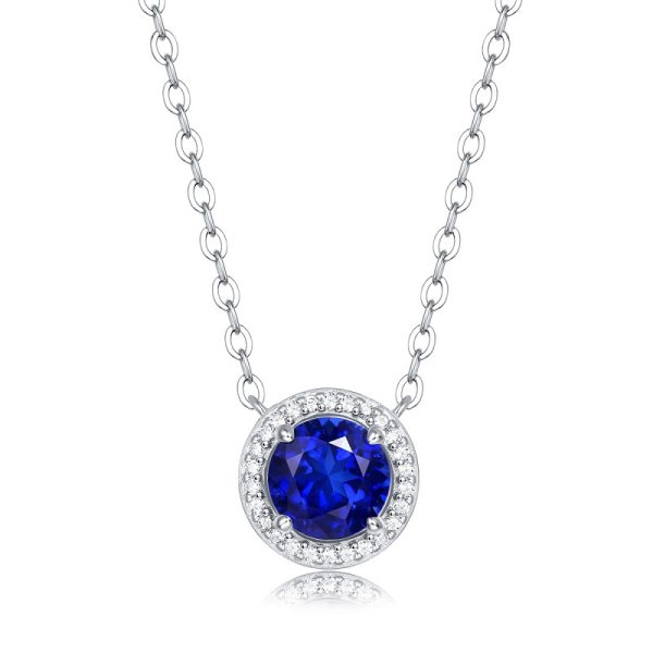 Sterling Silver Classic Round Blue Sapphire Pendant Necklace - Image 5
