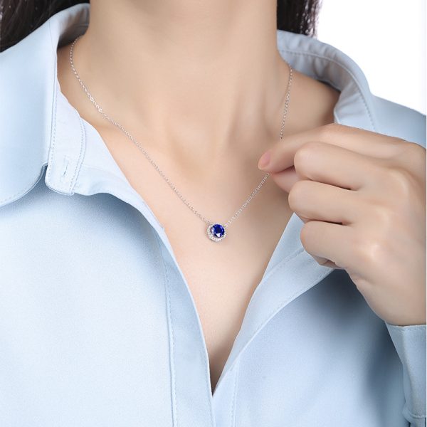 Sterling Silver Classic Round Blue Sapphire Pendant Necklace - Image 2