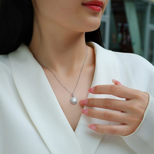 Sterling Silver Diamond Halo Pendant Necklace - Image 2