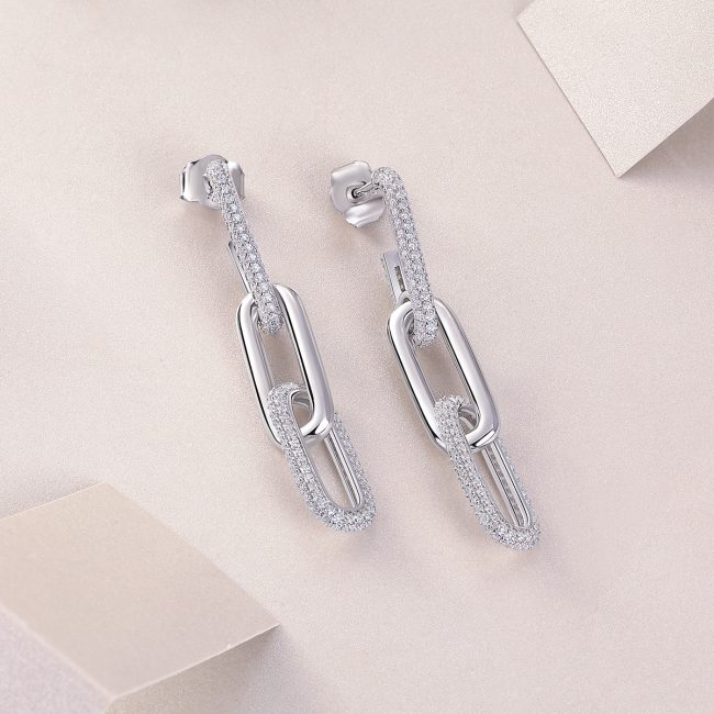 Diamond Link Dangling silver drop earrings