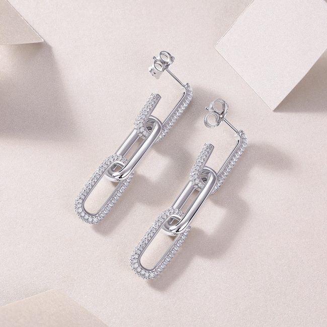 Diamond Link Dangling silver drop earrings