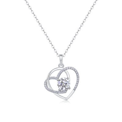 925 Sterling Silver Double Heart Pendant Necklace With Diamond