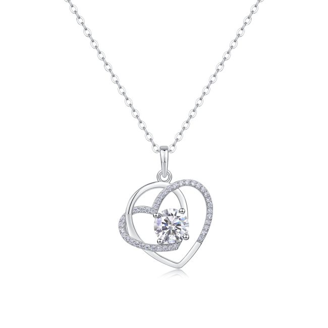 925 Sterling Silver Double Heart Pendant Necklace With Diamond