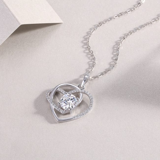 925 Sterling Silver Double Heart Pendant Necklace With Diamond - Image 5