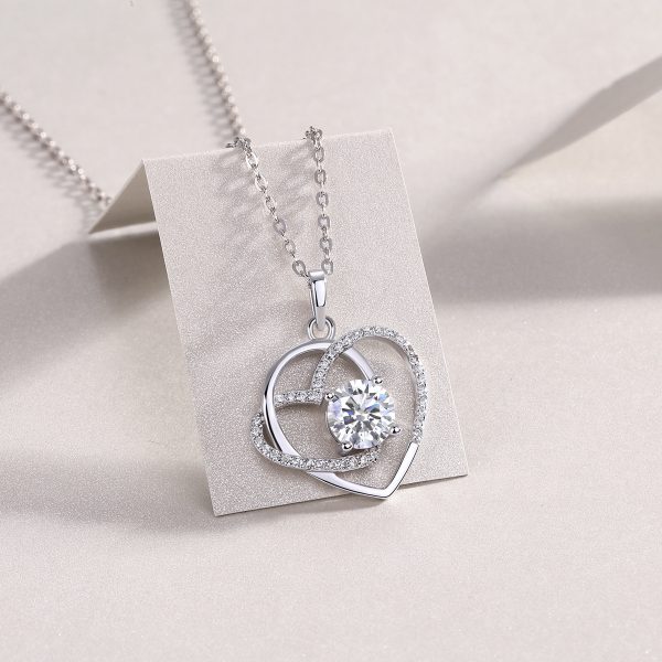 925 Sterling Silver Double Heart Pendant Necklace With Diamond - Image 4