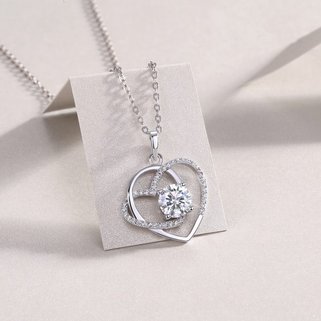 925 Sterling Silver Double Heart Pendant Necklace With Diamond - Image 4