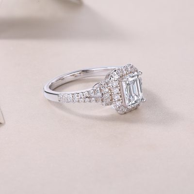 Emerald Cut Halo Engagement Ring In 925 Sterling Silver