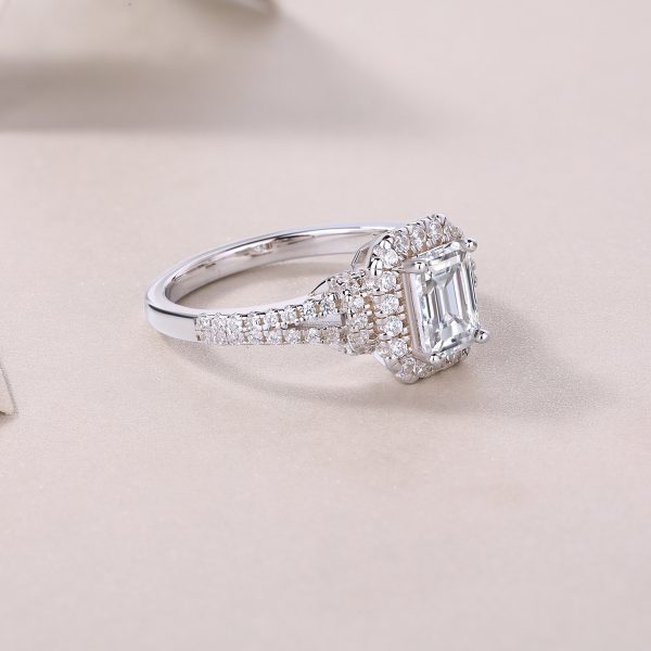 Emerald Cut Halo Engagement Ring In 925 Sterling Silver