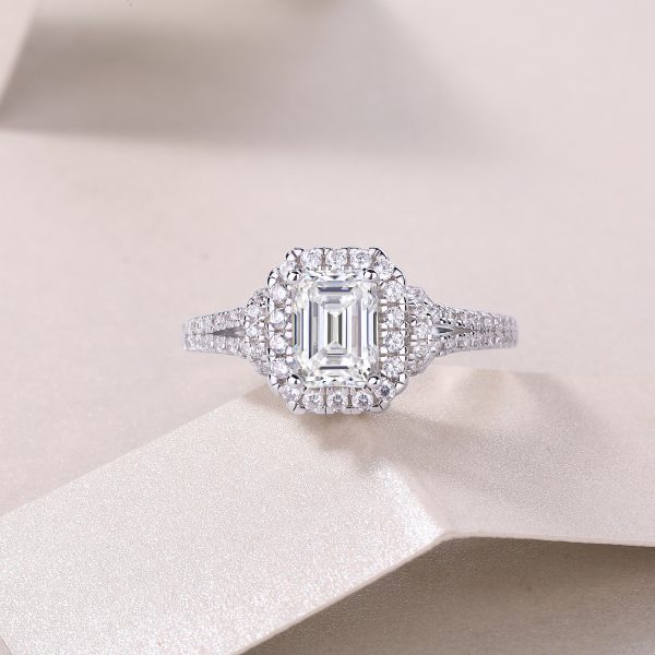 Emerald Cut Halo Engagement Ring In 925 Sterling Silver