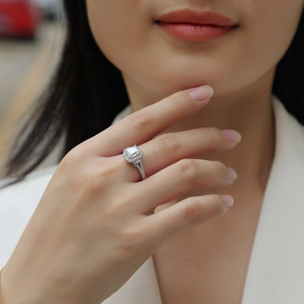 925 Sterling Silver Emerald Cut Moissanite Halo Engagement Ring