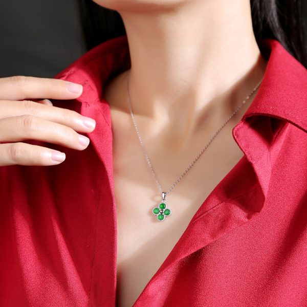 925 Sterling Silver Four leaf clover jade pendant necklace - Image 2