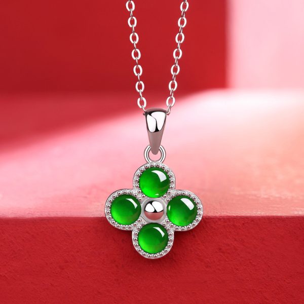 925 Sterling Silver Four leaf clover jade pendant necklace - Image 4