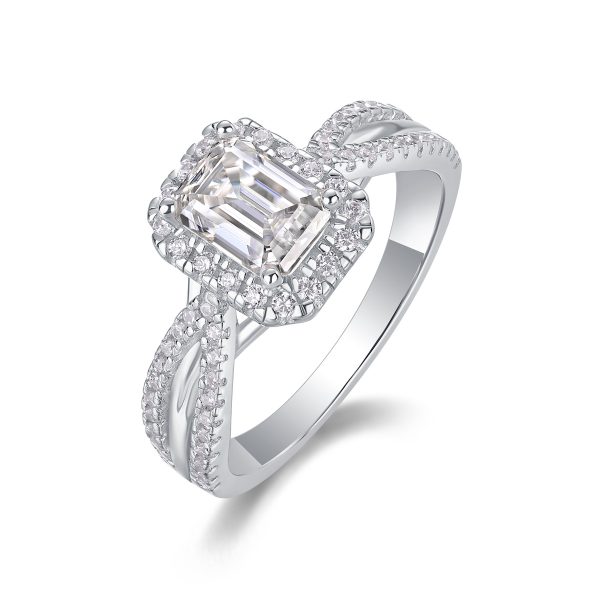 Women's Emerald Cut Halo Engagement Ring In 925 Sterling Silver