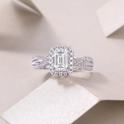 Emerald Cut Halo Engagement Ring In 925 Sterling Silver
