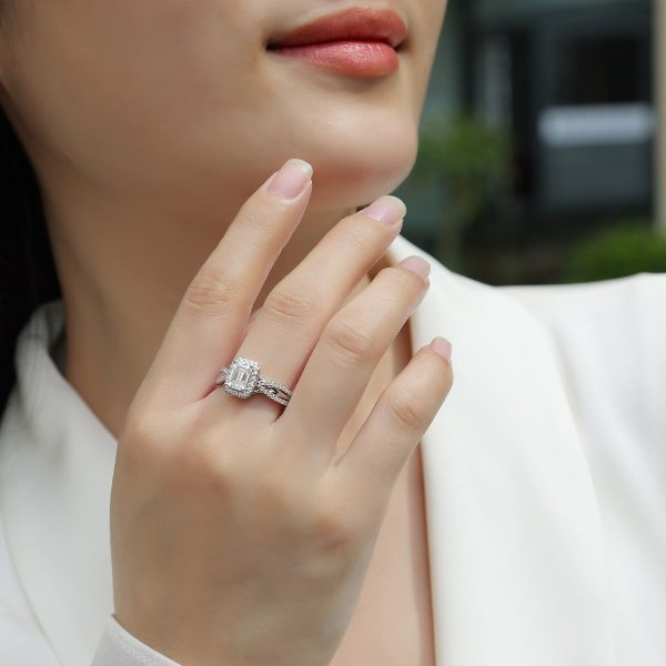 925 Sterling Silver Emerald Cut Halo Engagement Ring