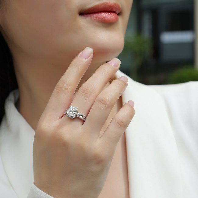 925 Sterling Silver Emerald Cut Halo Engagement Ring