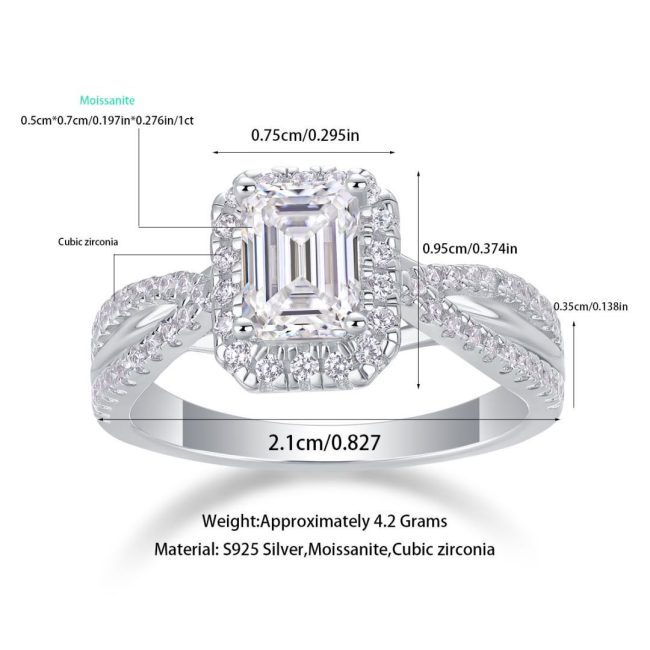 Halo Emerald Cut Diamond Engagement Ring In 925 Sterling Silver