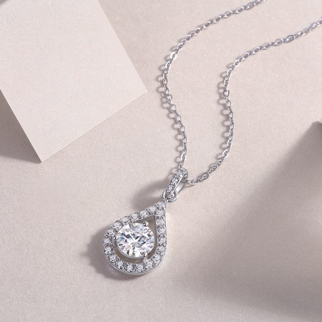 Halo Water Drop Solitaire Diamond Pendant - Image 4