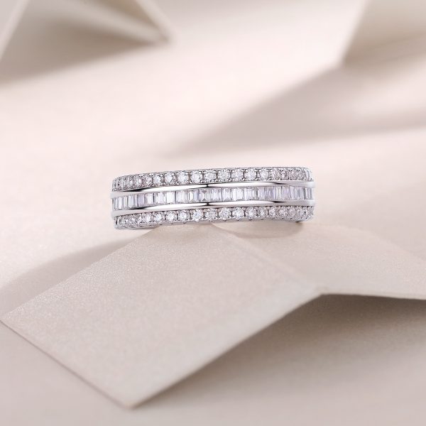 925 Sterling Silver Baguette and Round Diamond Ring
