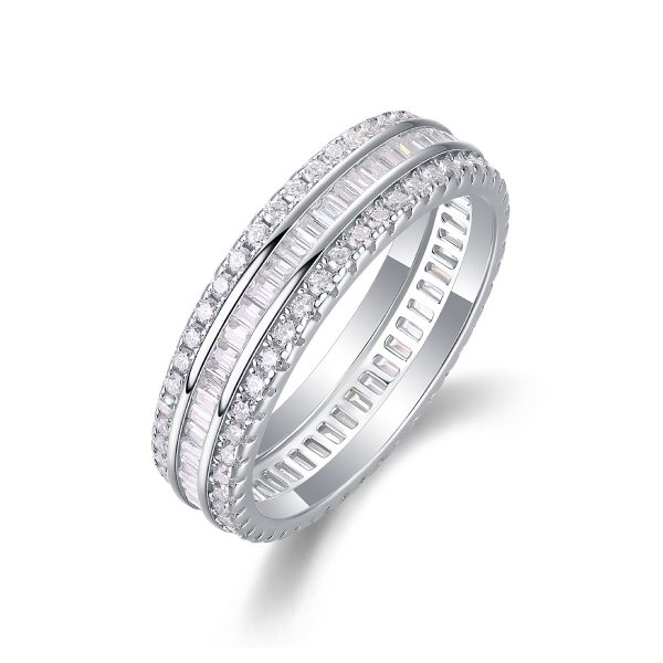925 Sterling Silver Baguette and Round Diamond Band