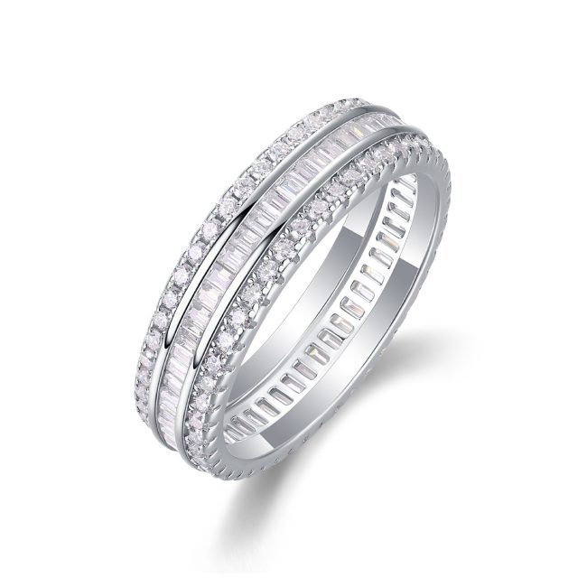 925 Sterling Silver Baguette and Round Diamond Band