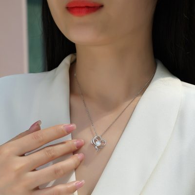 Solitaire Diamond Double Heart Pendant necklace In Sterling silver