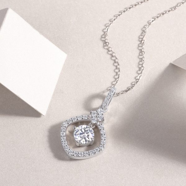 Solitaire Diamond Square Pendant Necklace In Sterling Silver For Women