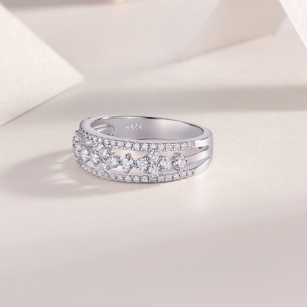 Women's Hollow Sterling Silver Diamond Flower Ring