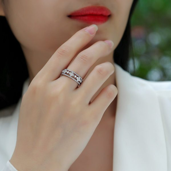 Sterling Silver Diamond Flower Ring With Hollow For Women's