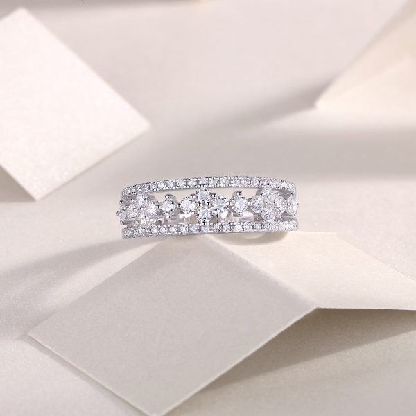Sterling Silver Diamond Flower Ring With Hollow For Women's