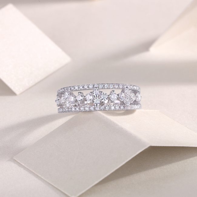 Sterling Silver Diamond Flower Ring With Hollow For Women's