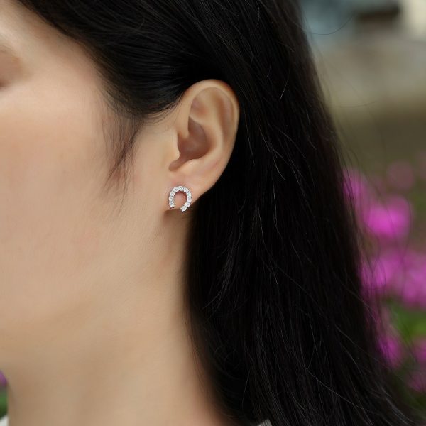 Horseshoe Buckle Silver Diamond Stud Earrings - Image 2