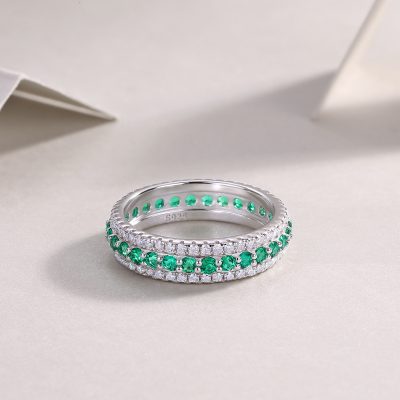 925 Sterling Silver Emerald & Diamond Eternity Ring