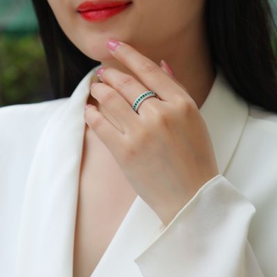 Emerald Diamond Eternity Ring In 925 Sterling Silver
