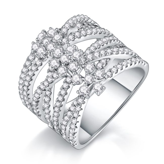 Sterling Silver Three Flowers Diamond Ring