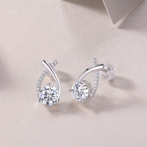 Silver Diamond Twisted Stud Earrings For Women - Image 5