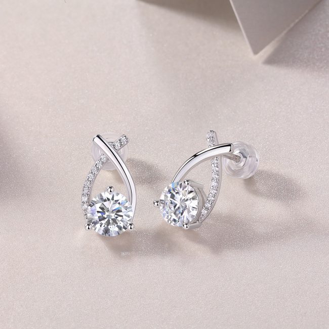 Silver Diamond Twisted Stud Earrings For Women - Image 5