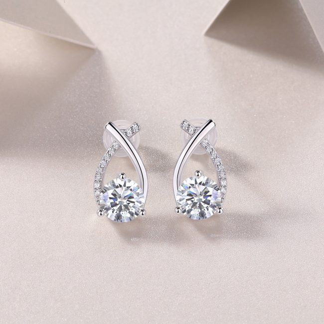 Silver Diamond Twisted Stud Earrings For Women - Image 4