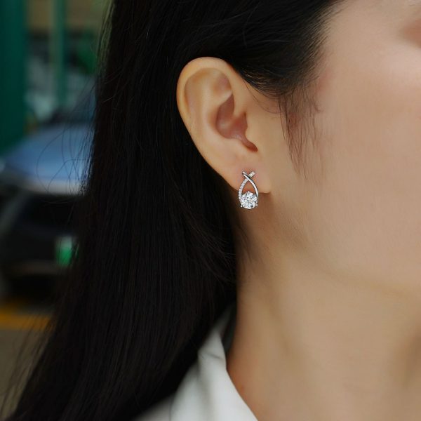 Silver Diamond Twisted Stud Earrings For Women - Image 2