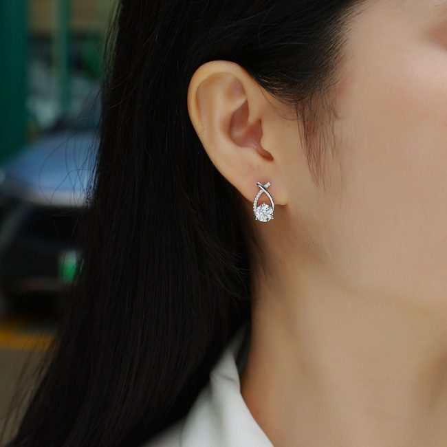 Silver Diamond Twisted Stud Earrings For Women - Image 2