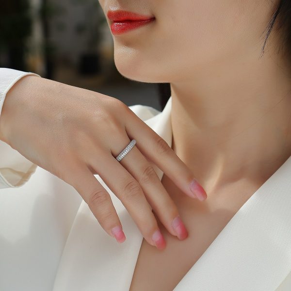 Three Row Diamond Ring In Sterling Silver For Women