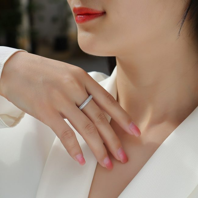 Three Row Diamond Ring In Sterling Silver For Women