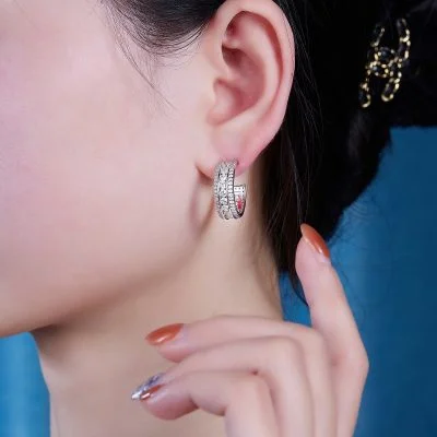 picture of three row diamond silver hoop earring