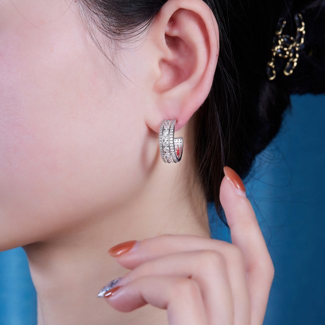 picture of three row diamond silver hoop earring