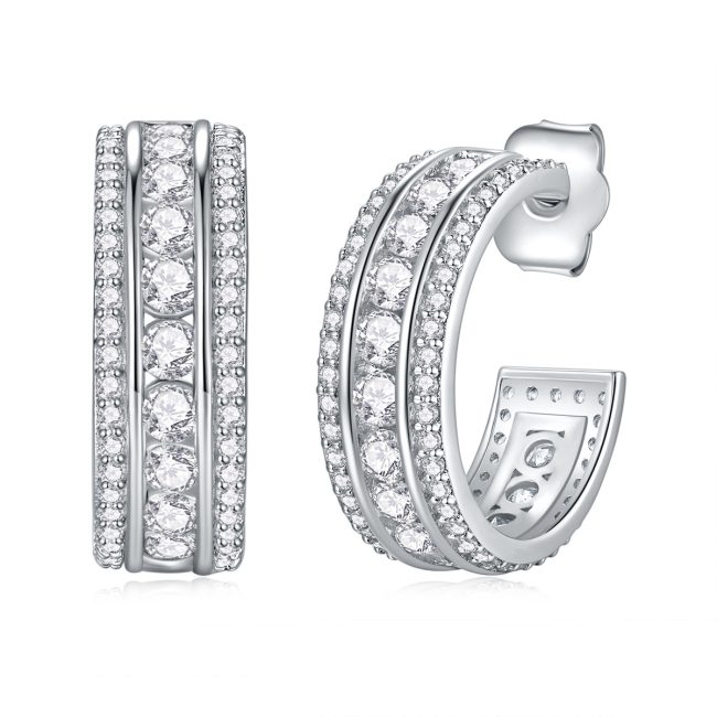 picture of three row diamond silver hoop earring