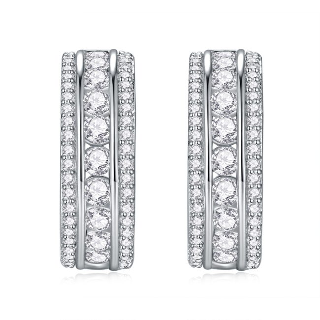 Three Row Diamond Huggie Hoop Earrings - Image 5